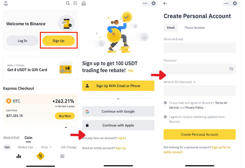 Các bước đăng nhập binance