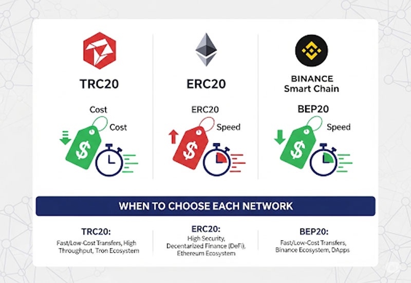 So Sánh USDT TRC20, ERC20, BEP20 Trên Binance